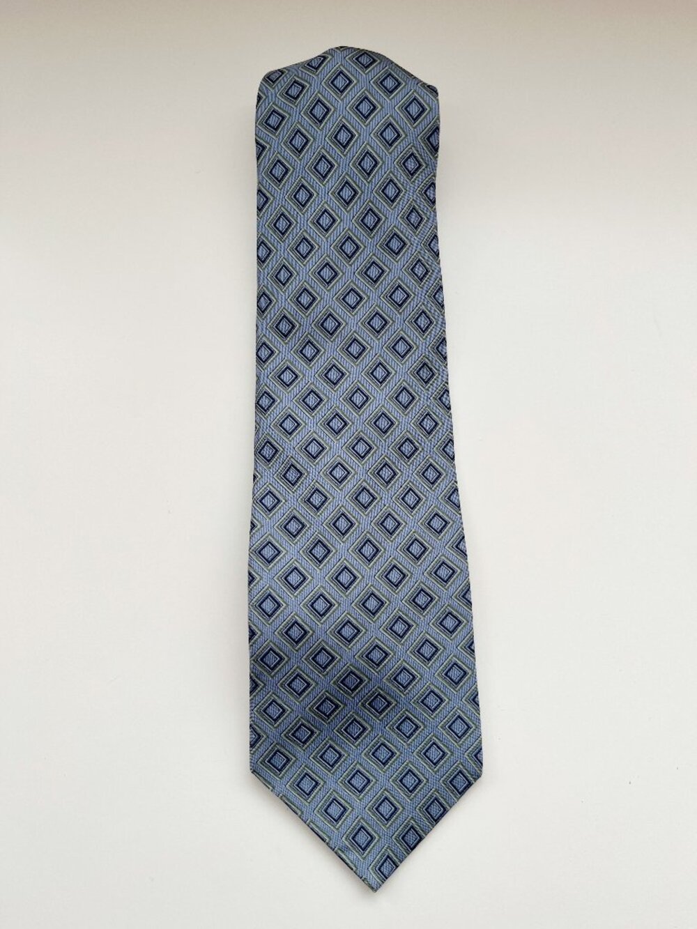 Perry Ellis Dusty Blue Gray Geometric Silk Tie vintage office old money retro